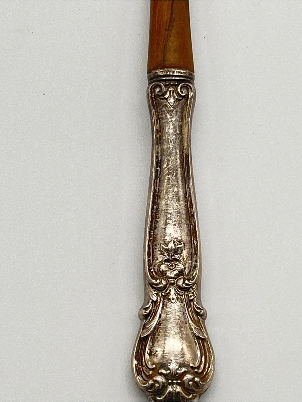 Vintage WEB wooden salad serving fork with ornate STERLING silver  handle.